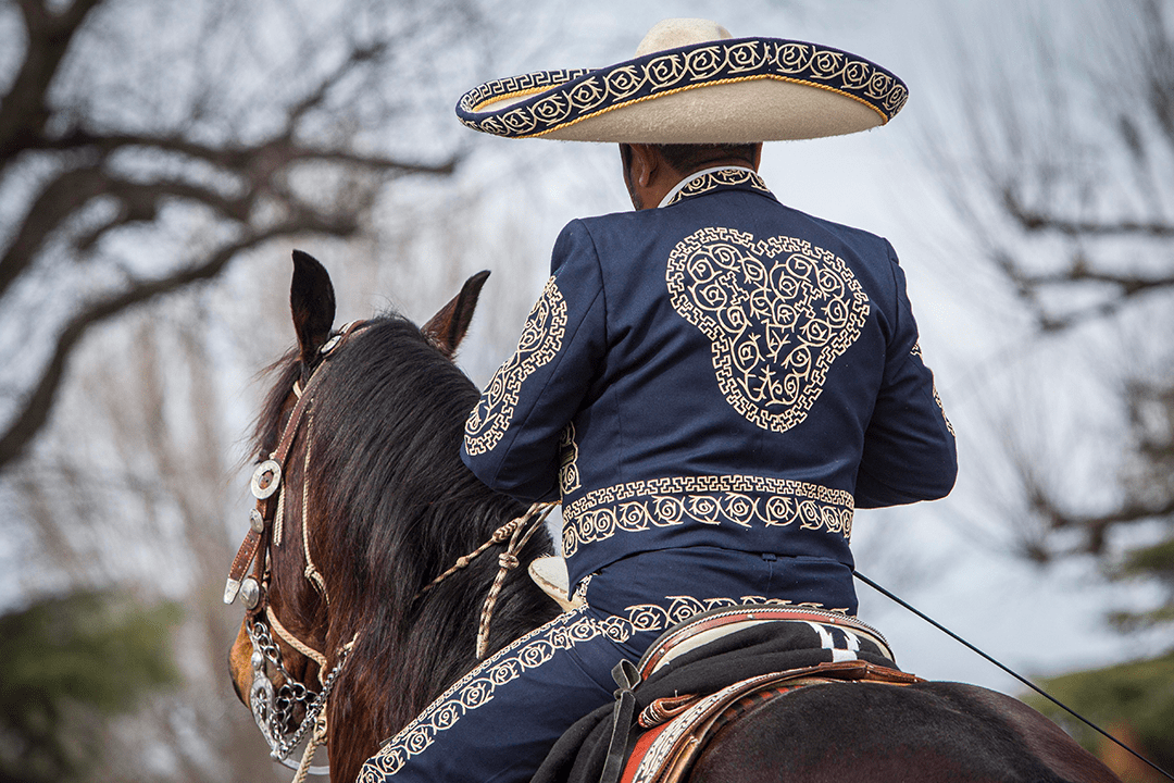 Image from behind of Manuel Enrique riding his dancing horse.  The close-up highlights the ornate detailed patters on his jacket, sombrero and pants. - Photo by Keith Bergher